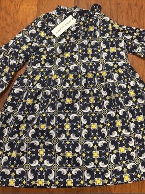 NWT!! Janie and Jack Navy, White & Yellow Tile-Print Long-Sleeve Kids Dress